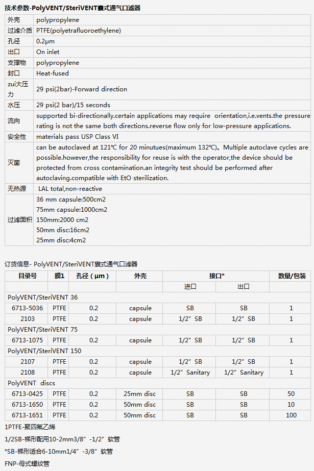 6713-1650沃特曼Polyvent discs通气口滤器孔径0.2um